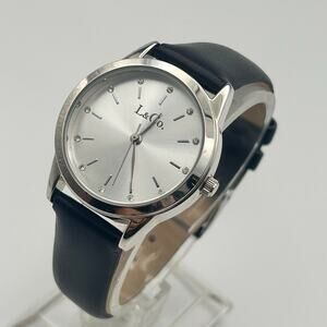 L&Co. Silver Tone Crystals Dial Black Leather St. Steel Women’s Watch Working